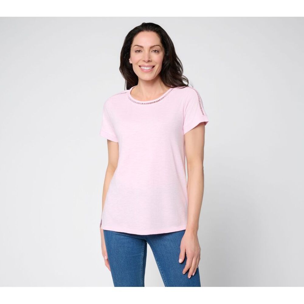 BEAUTIFUL by Lawrence Zarian Women's Top Sz XS Slub Knit Inset Trim Pink